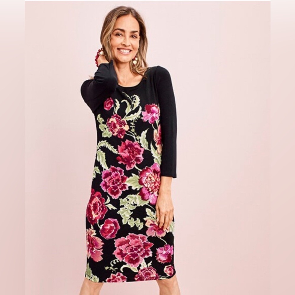 Chico’s Travelers Floral Dress Women’s Size 0 Black Red 3/4 Sleeve Stretch NWOT
